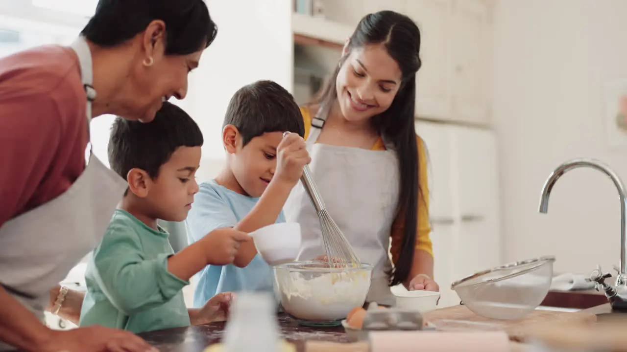 Grandma mixing or happy kids baking with mother