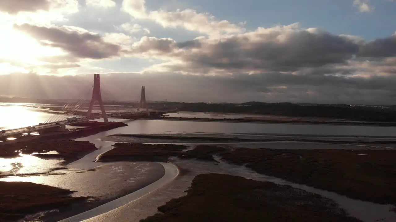 flying over river on sunset