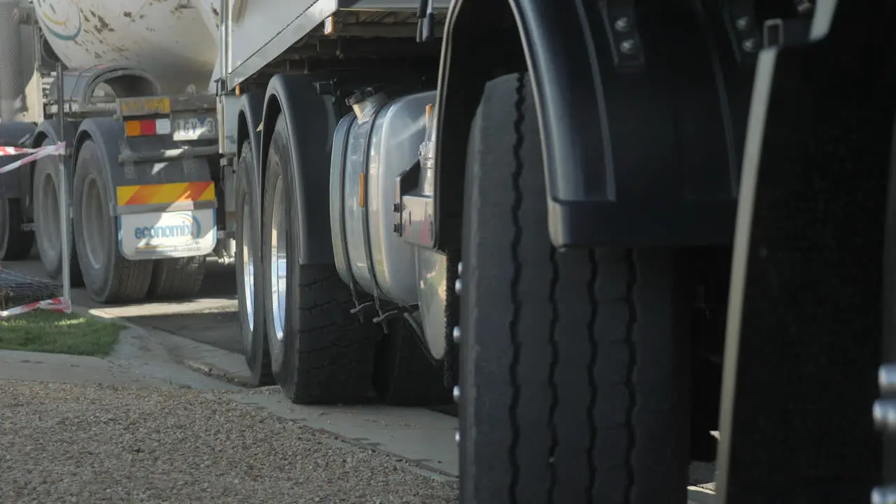 CLOSE UP Cement Truck Wheels At Construction Site SLOW MOTION