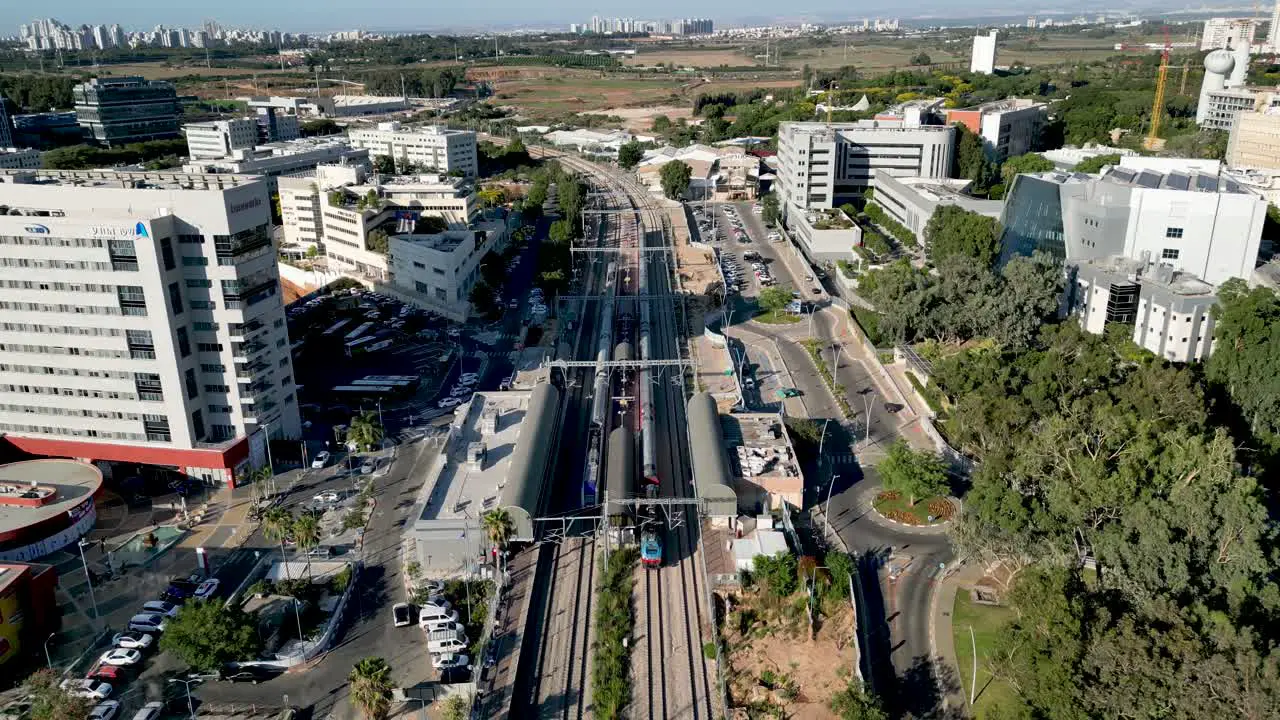 4K high resolution drone video of the central train station in the city of Rehovot near the Weizmann Institute of Science- Israel