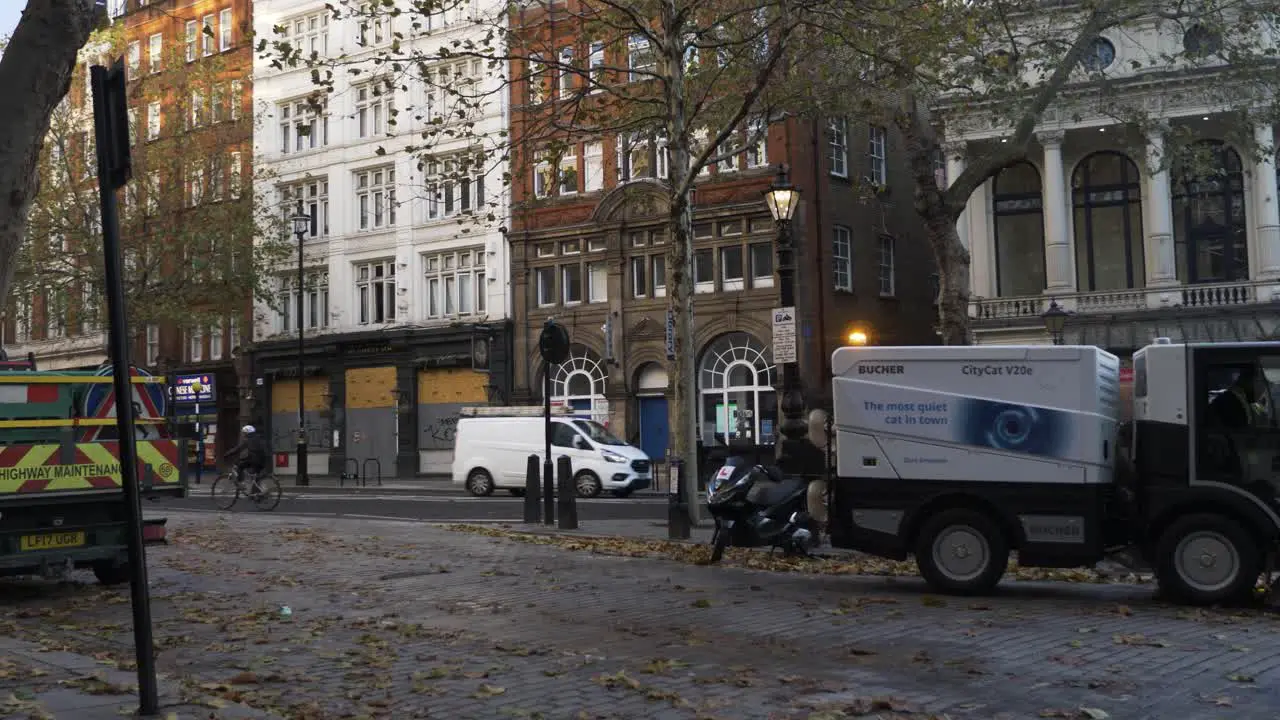 Street Sweeper Vehicle Brushing Leaves During Lockdown In London