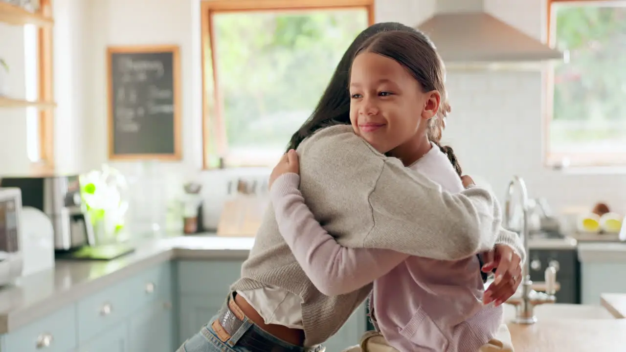 Family home mom and girl in a hug with love