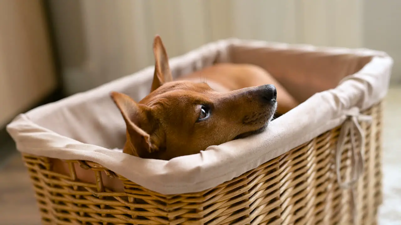 Kleiner Brauner Hund Sitzt Und Entspannt In Einem Weidenkorb