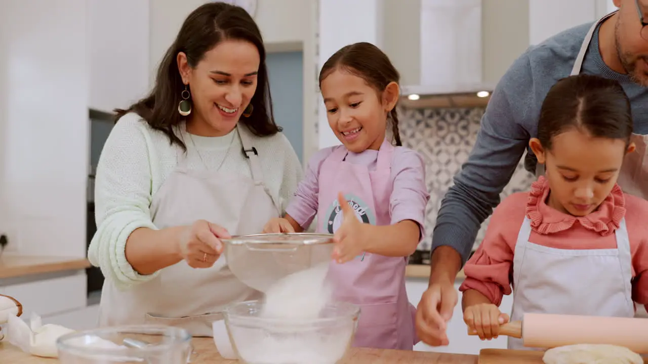 Kitchen flour and happy family kids baking