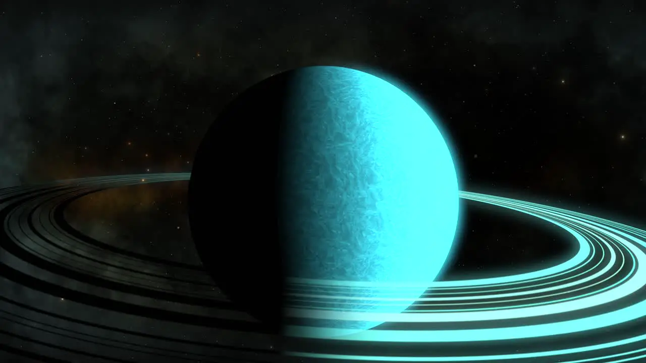 CGI zoom in towards aqua saturn-like alien planet with blue rings in front of black cloudy nebula space wide view