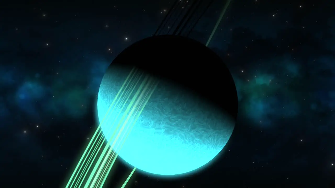 CGI zoom in towards aqua sideways saturn-like alien planet with green rings in front of blue green nebula space wide view