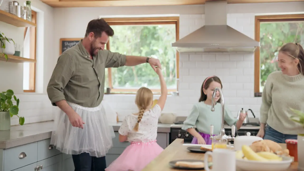 Funny happy family and parents dancing