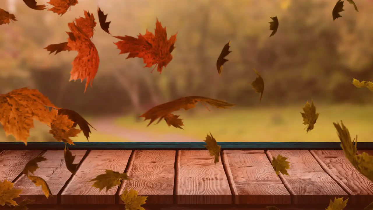 Animation of autumn leaves falling over trees and wooden surface