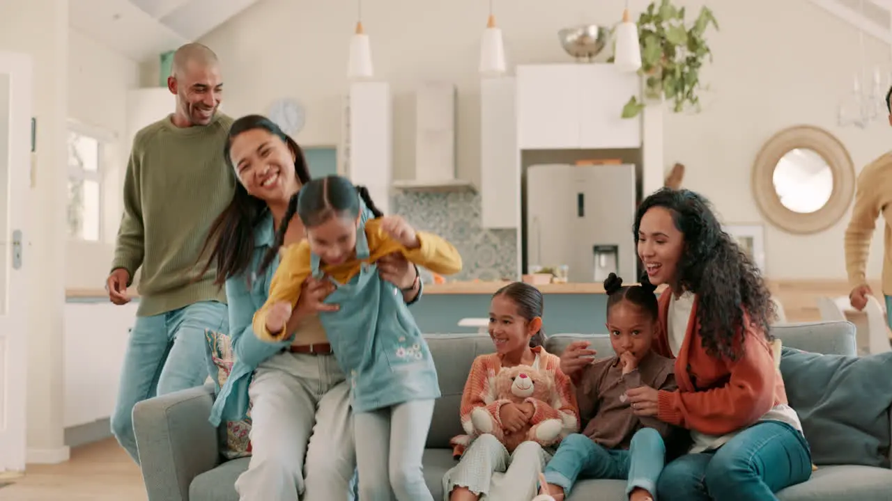 Happy big family and living room with parents