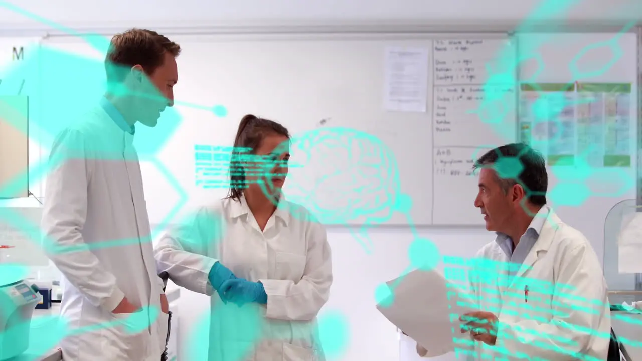 Animation of medical data processing over team of diverse scientists discussing at laboratory