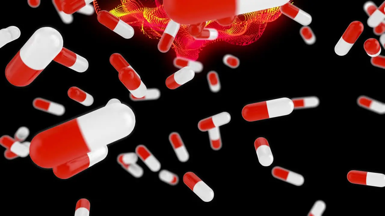 Animation of medical pills falling against red and yellow digital waves against black background