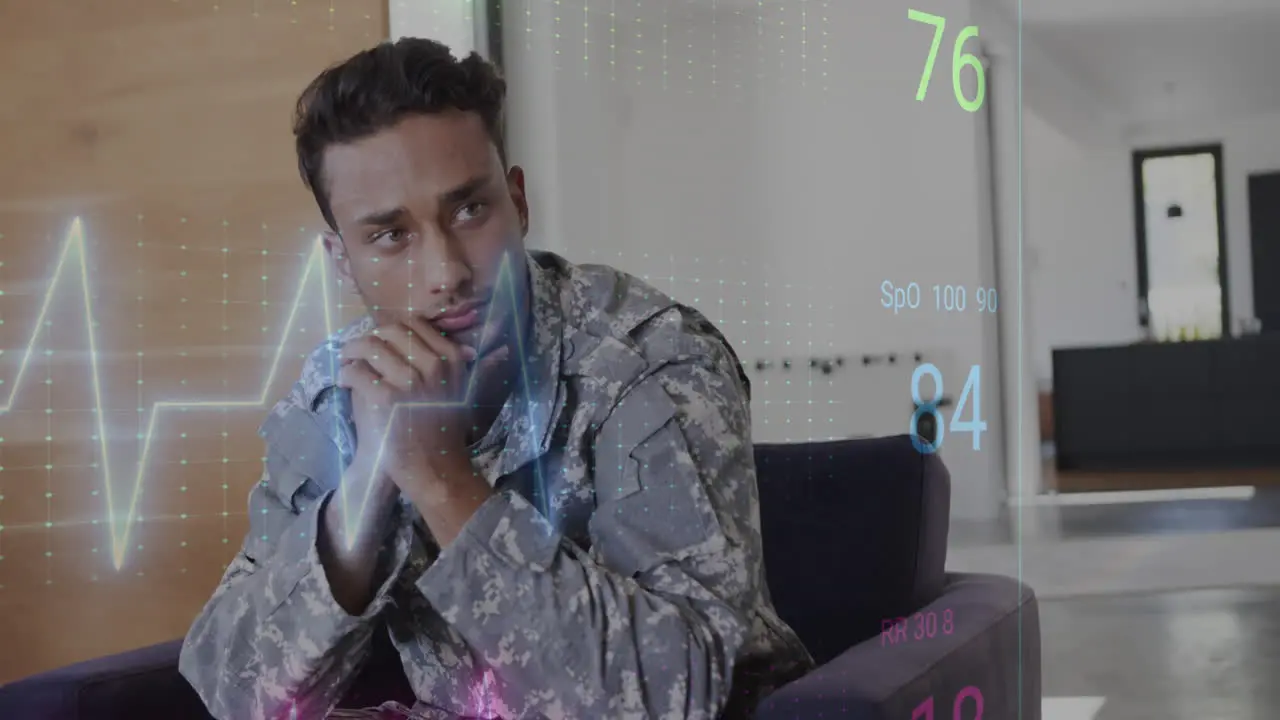 Animation of heart rate monitor against biracial male army officer in uniform waiting at hospital