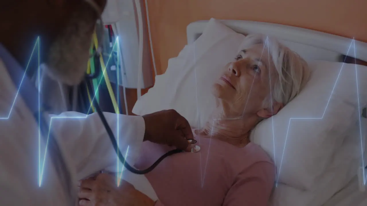 Animation of heart rate monitor over diverse female doctor examining female patient at hospital