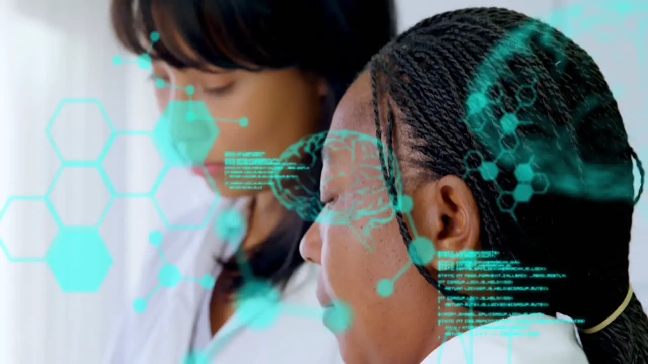 Animation of medical data processing over two diverse female scientists working at laboratory