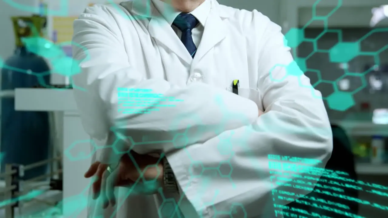 Animation of medical data processing over caucasian senior male scientist smiling at laboratory