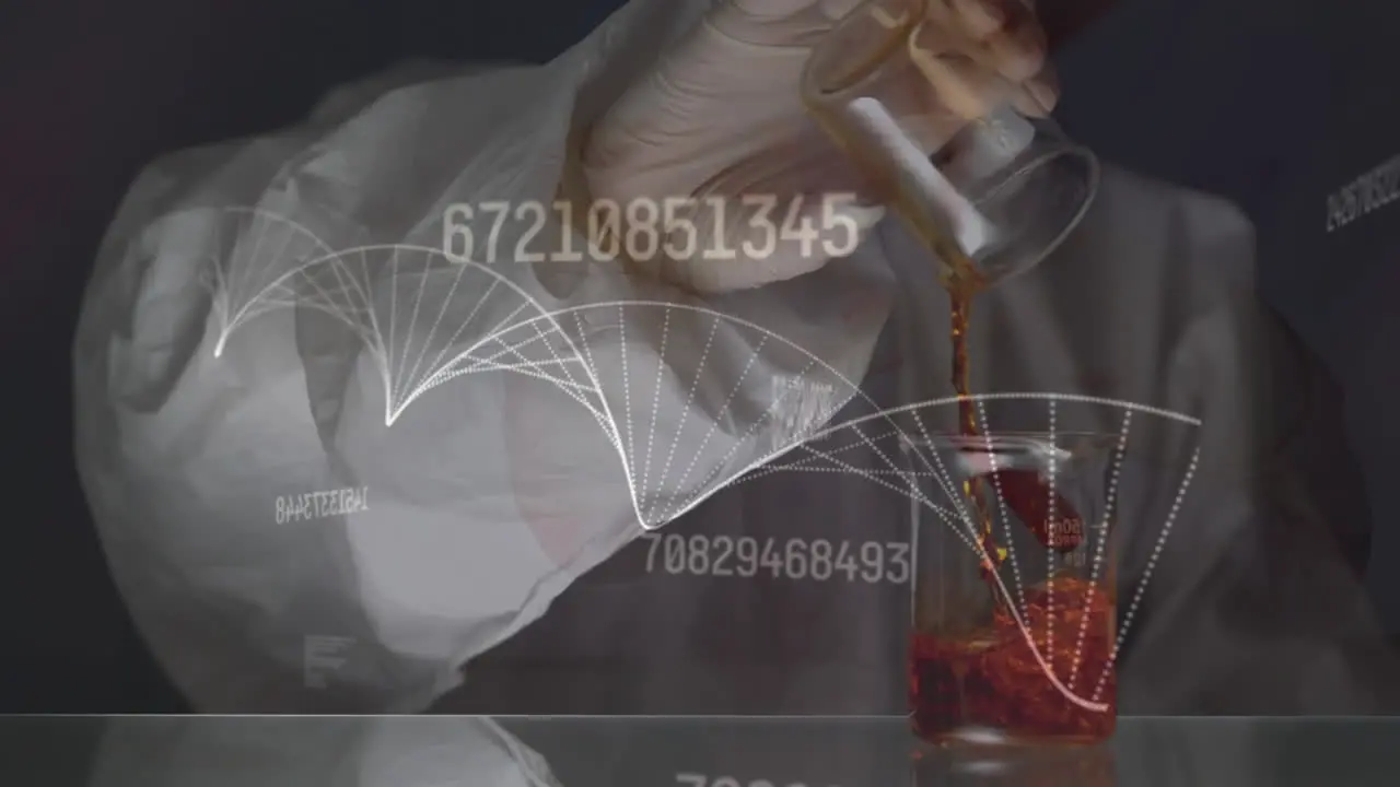 Animation of dna structure over mid section of male scientist pouring a chemical into a beaker