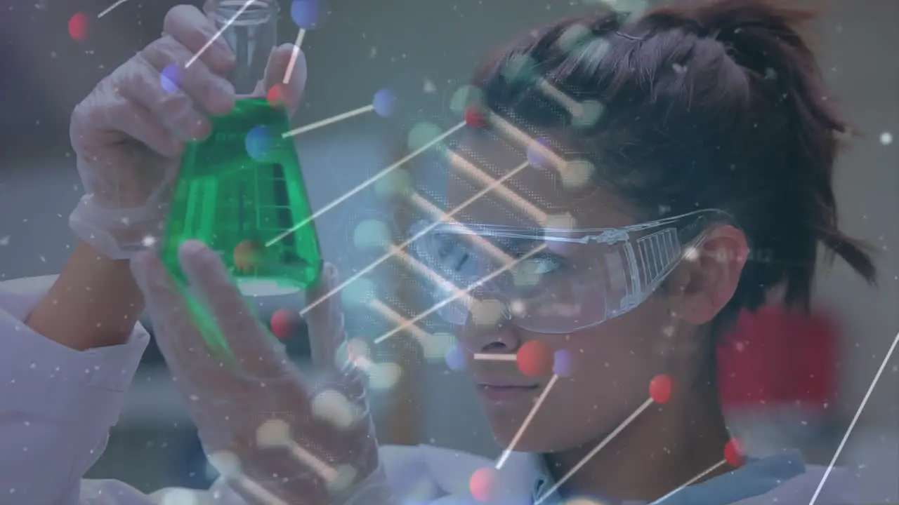 Animation of dna structure over caucasian female scientist holding a chemical flask at laboratory