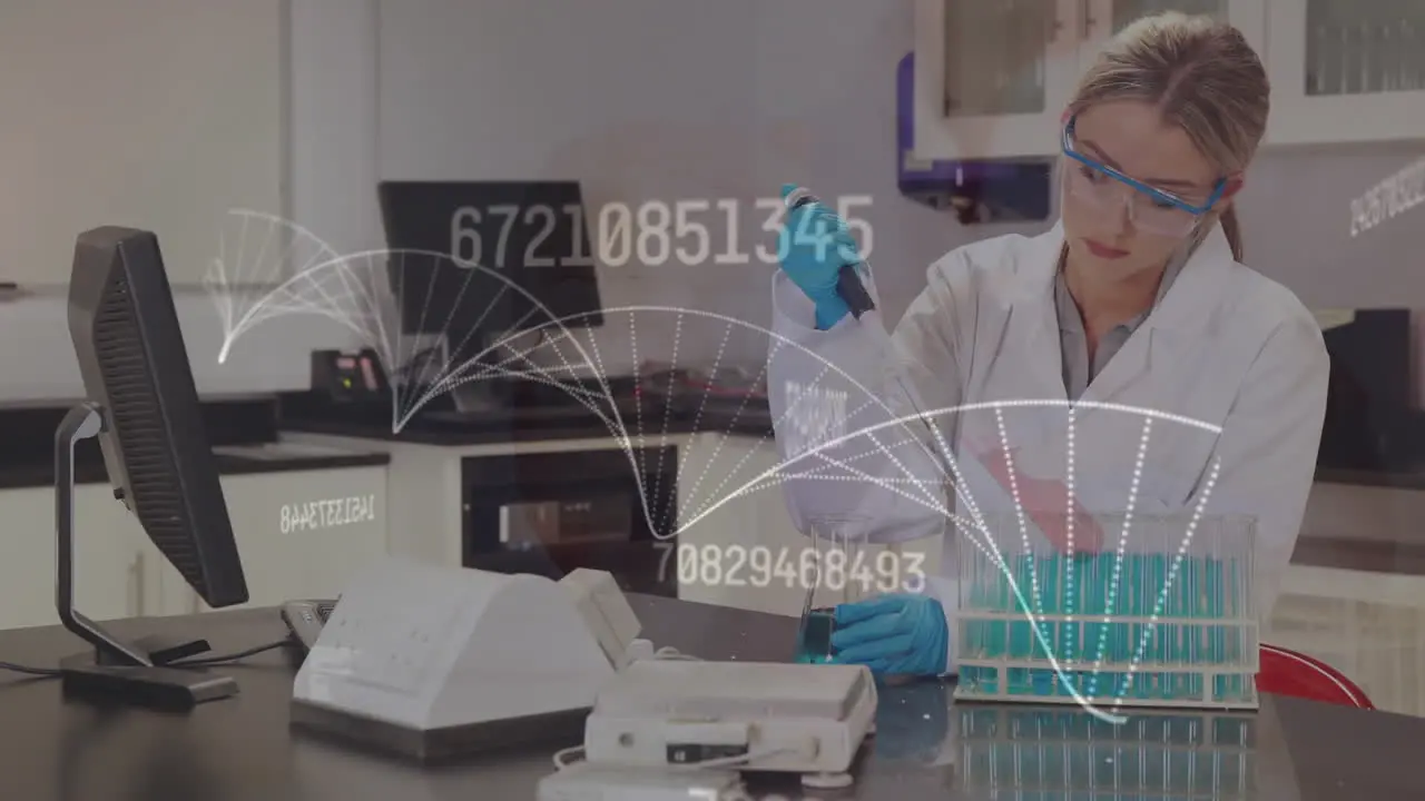 Animation of dna structure changing numbers over caucasian female scientist working at laboratory