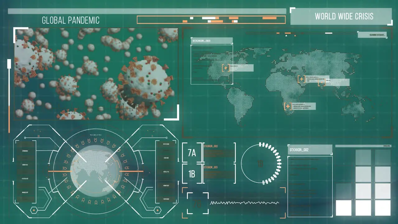 Animation of biological data and virus cells processing on green digital screen