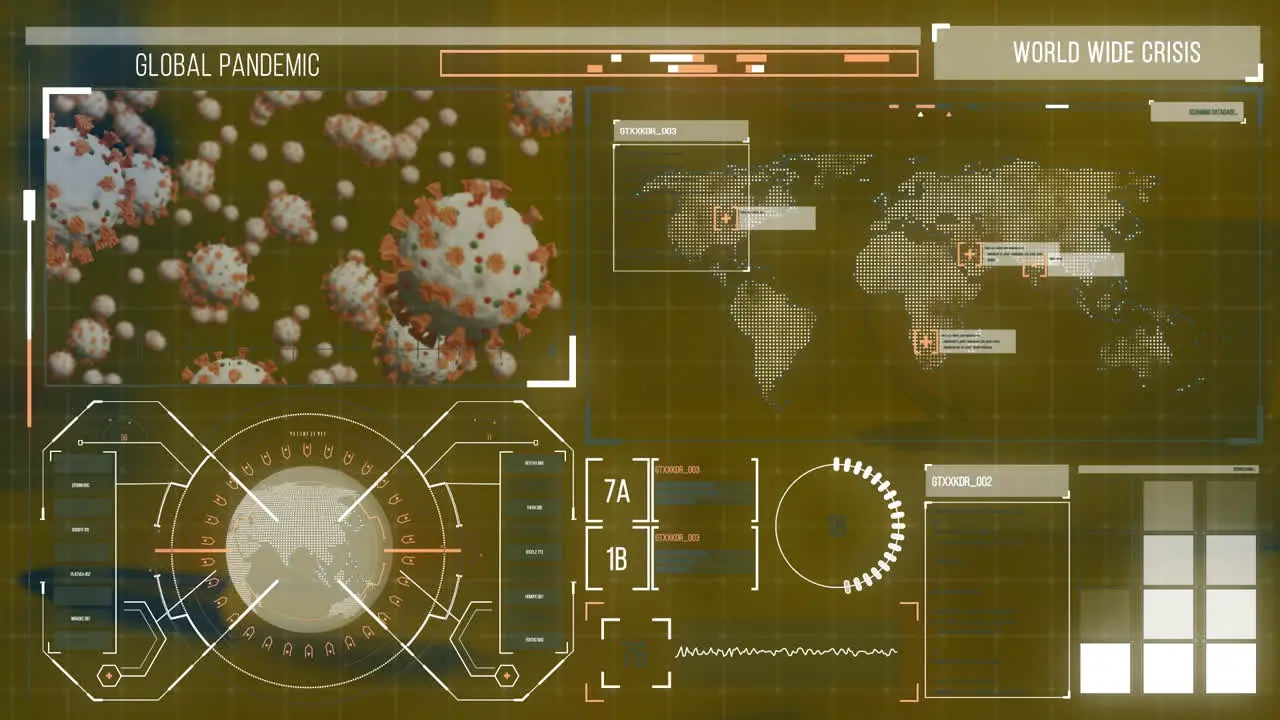 Animation of biological data and virus cells processing on yellow digital screen