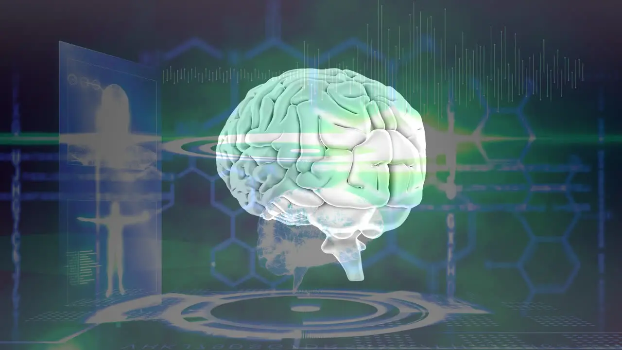 Animation of brain rotating over screen with hexagons and human model