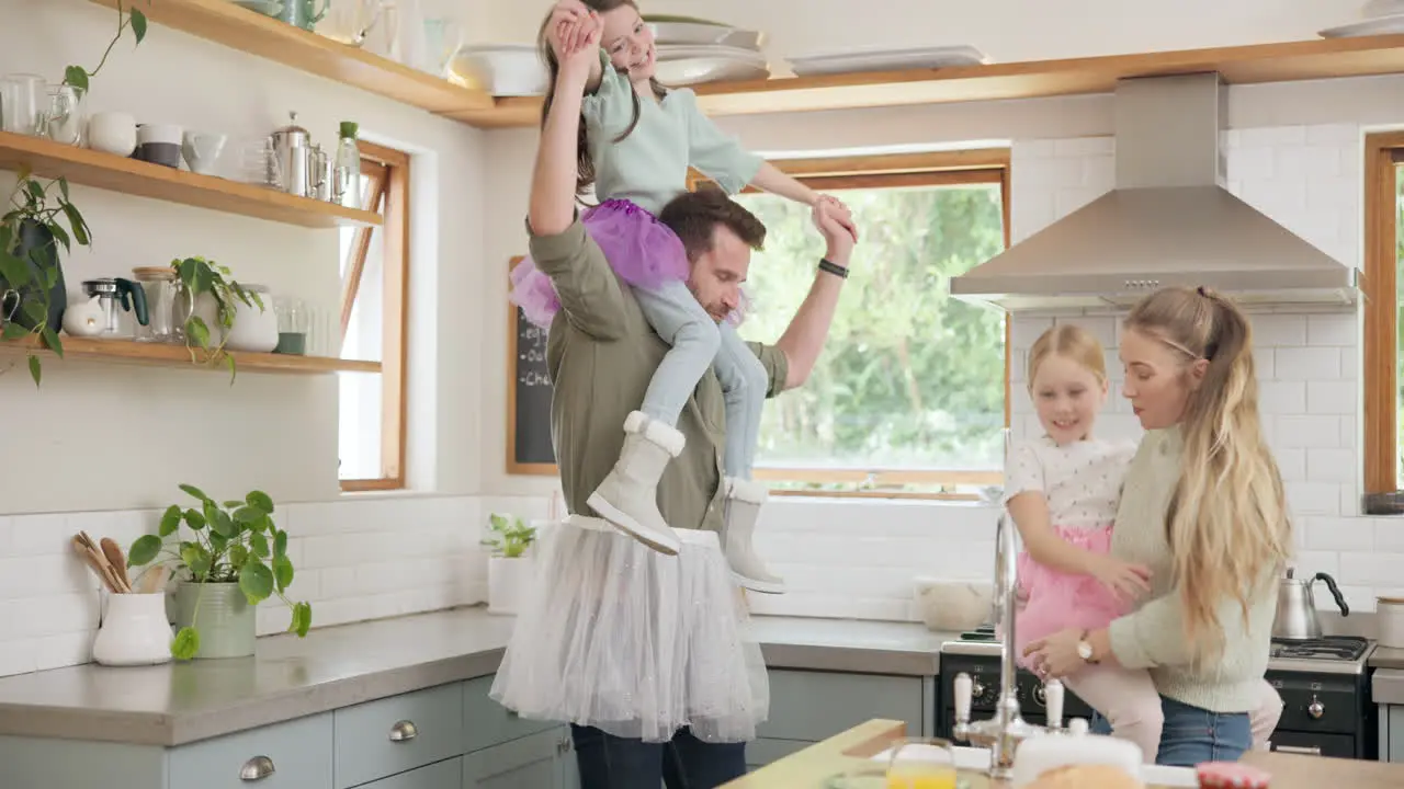 Crazy happy family and parents dancing with kids