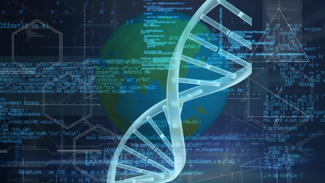 Animation of spinning dna strand over geometrical shapes and globe