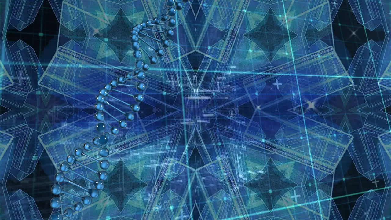 Animation of spinning dna strand over kaleidoscopic shape