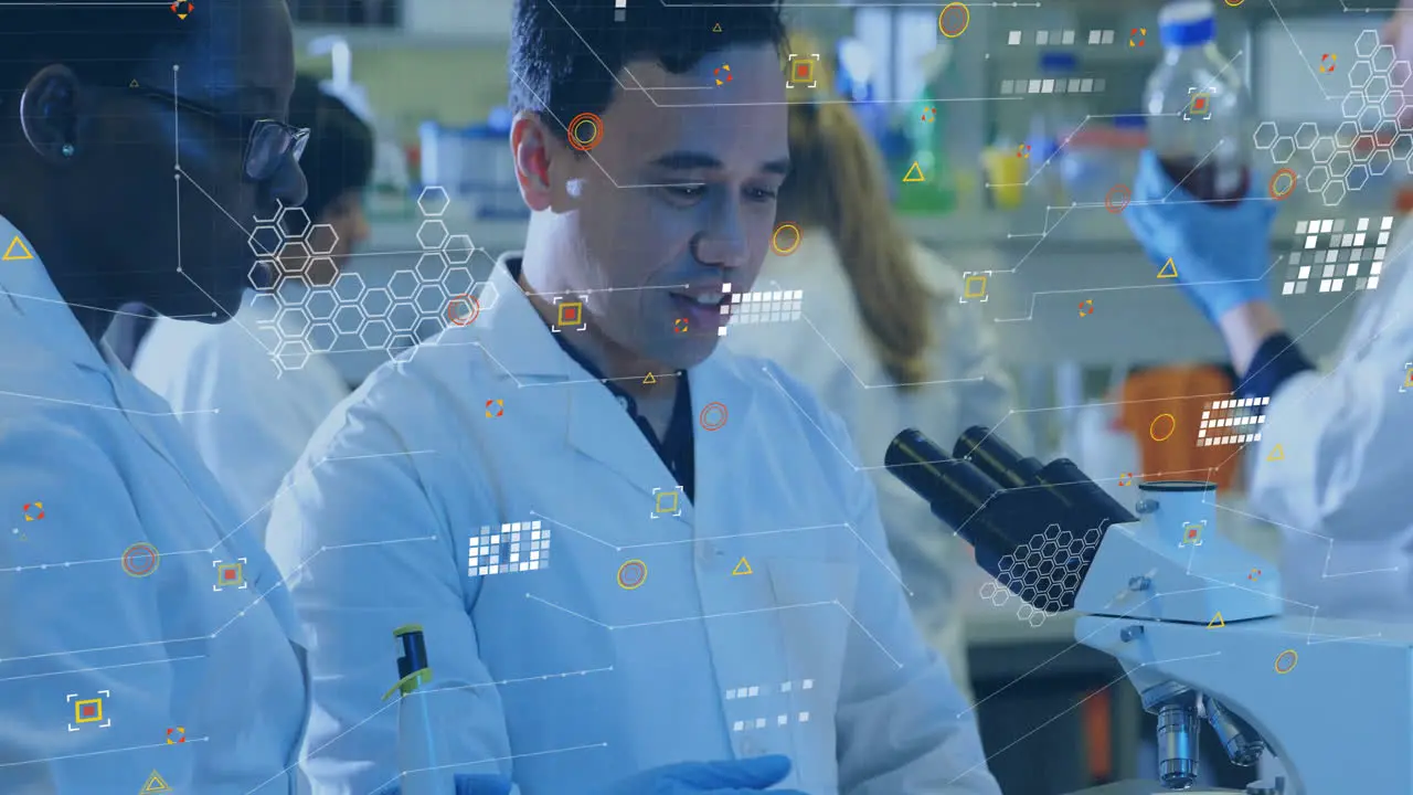 Animation of white pixels of processing data over diverse scientists and microscope in laboratory