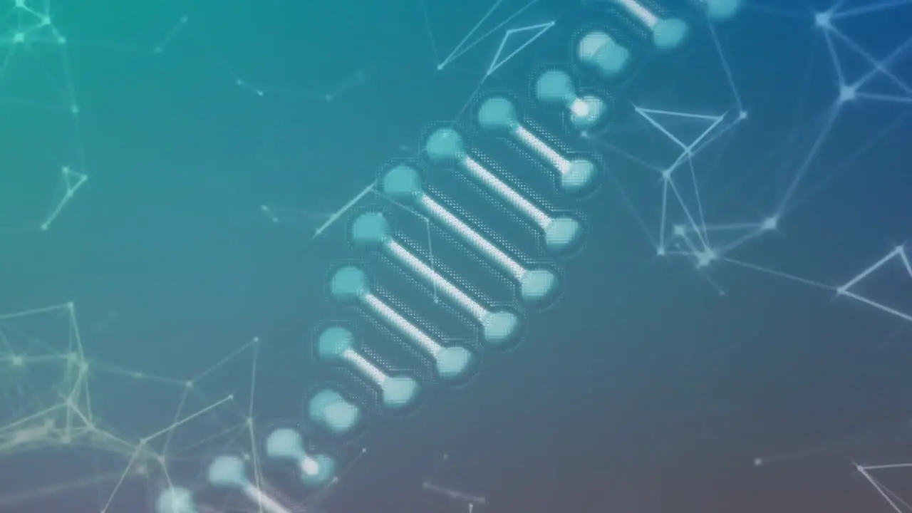 Animation of dna strand and scientific data processing over connections on blue background