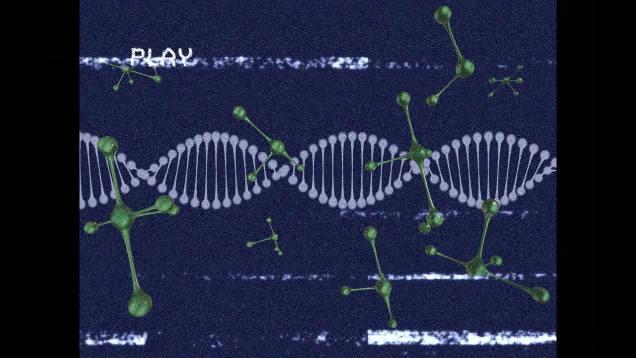 Animation of dna strand and molecules over screen with play interface