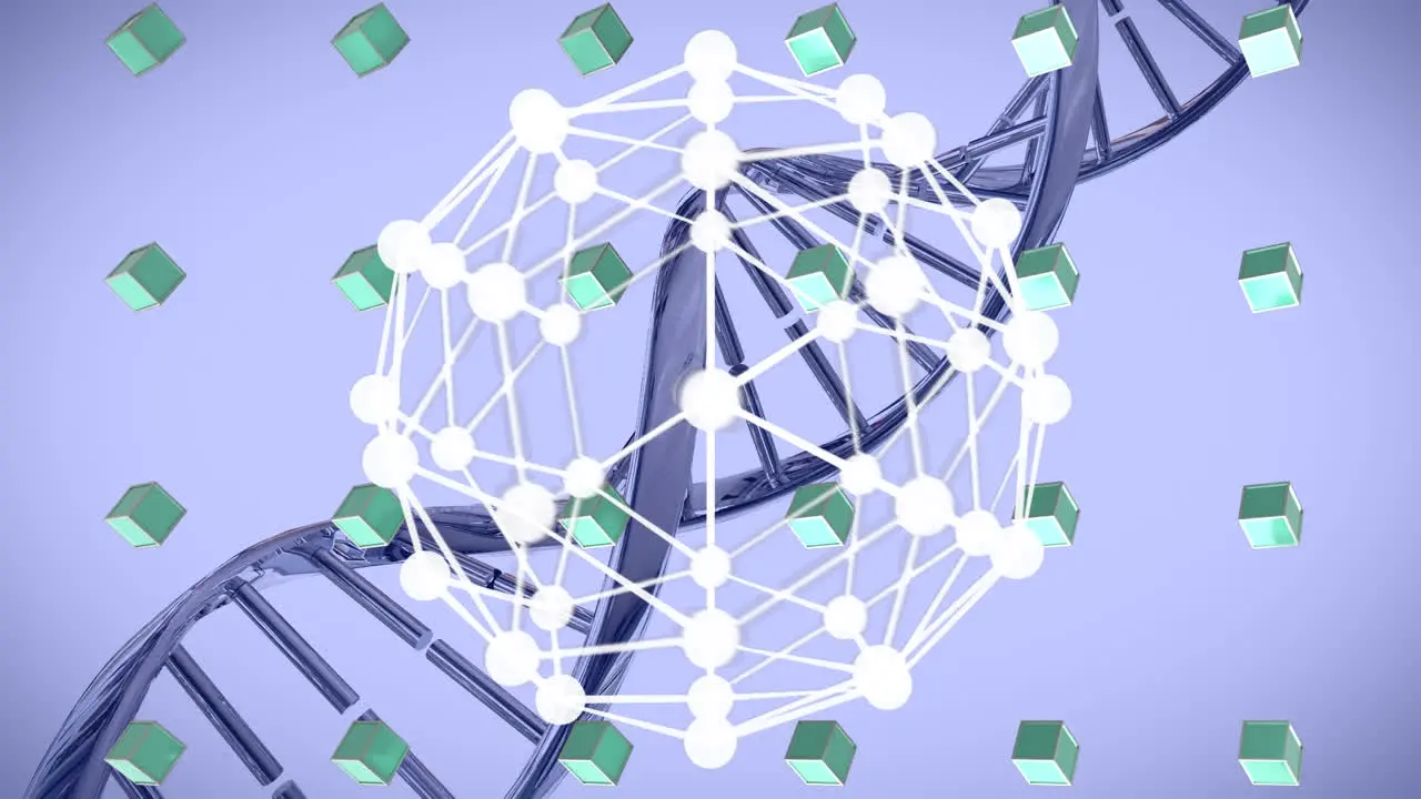 Animation of dna strand and rows of green cubes over globe