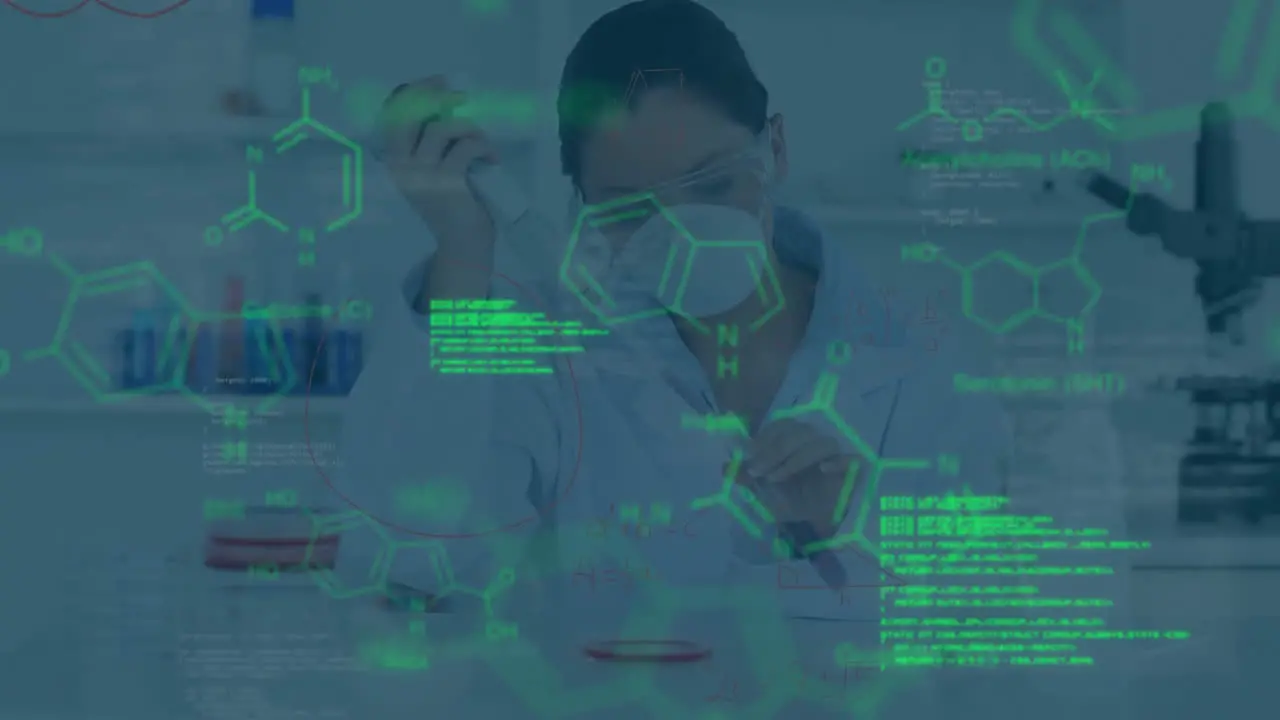 Animation of scientific data processing over asian female scientist in laboratory