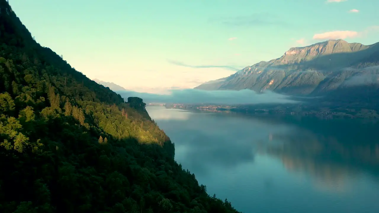 Drone flight over a beautiful Swiss alpine lake