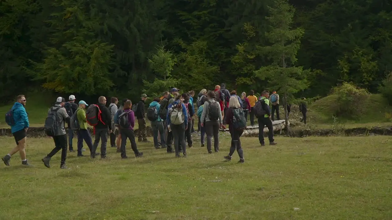 People hike on Via Transylvania in a lush surrounding Carpathian Mountains Romania