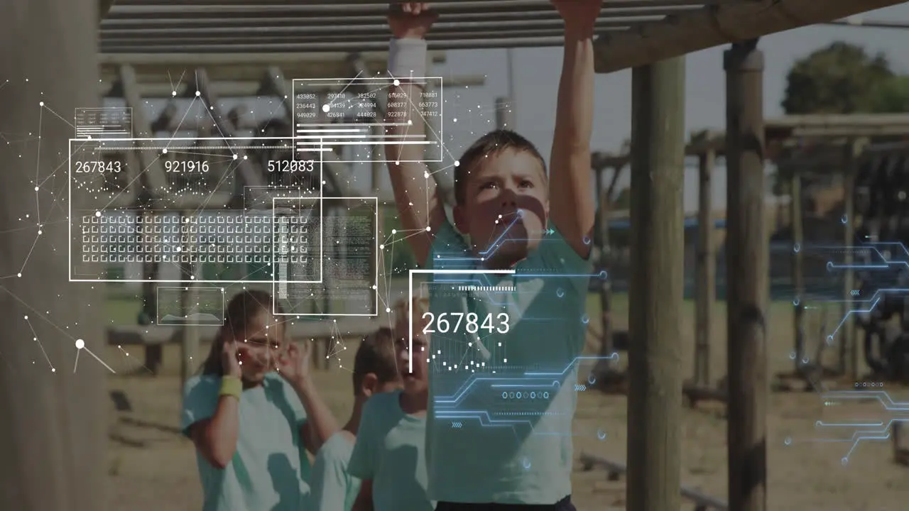 Animation of data processing and connections over caucasian children exercising at obstacle course