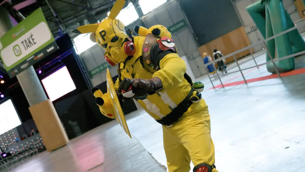 Cinematic shot of a person dressed up as Pikachu at the Japan Expo