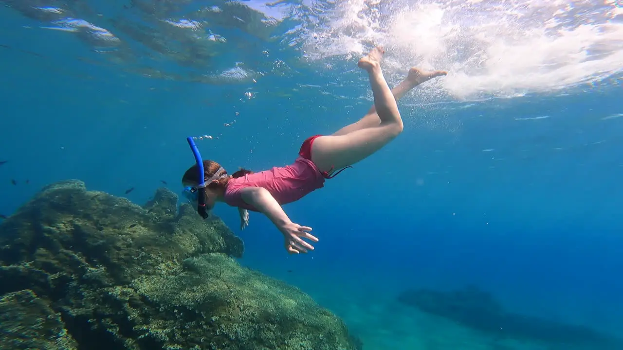 a young girl doing scuba diving dives underwater