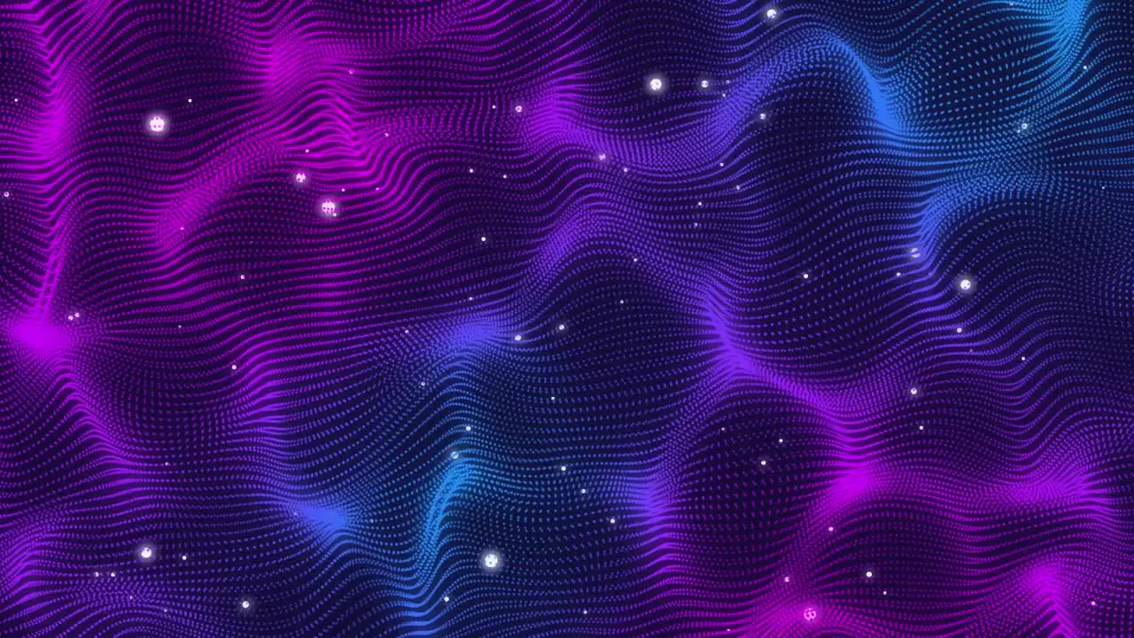 Glowing blue and purple network over white particles on black background