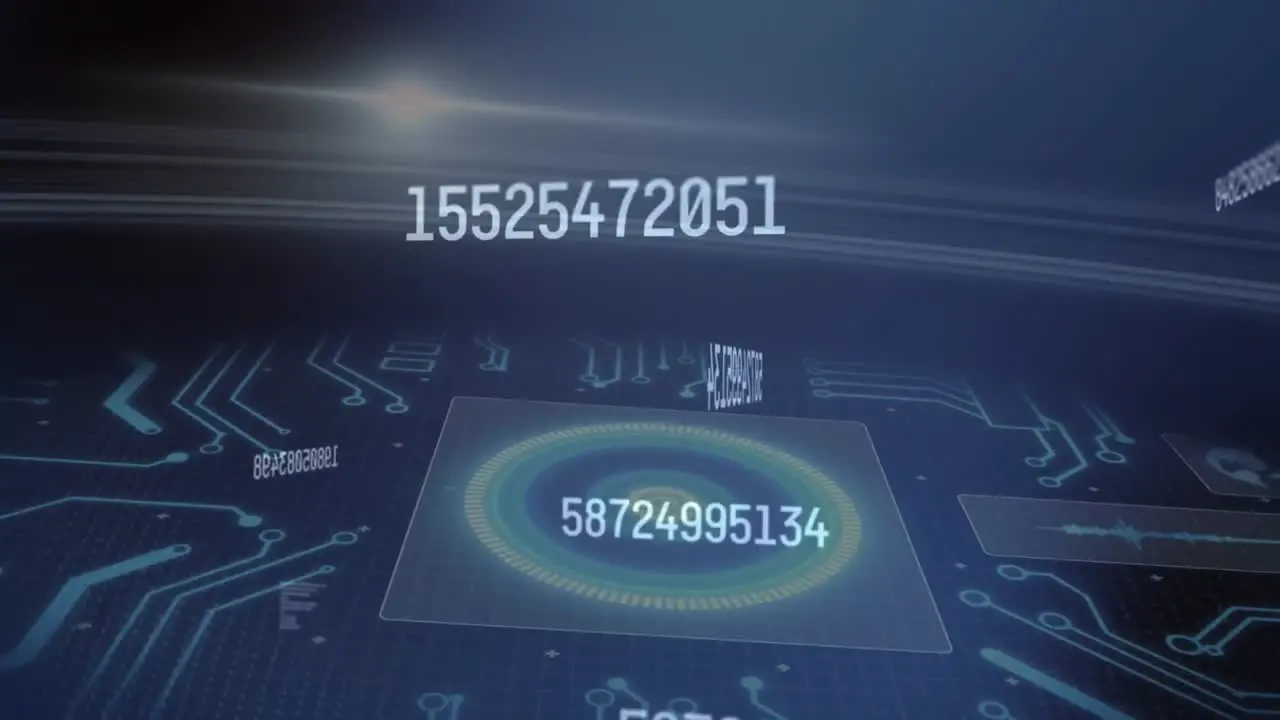 Animation of changing numbers over circles and circuit board pattern against abstract background