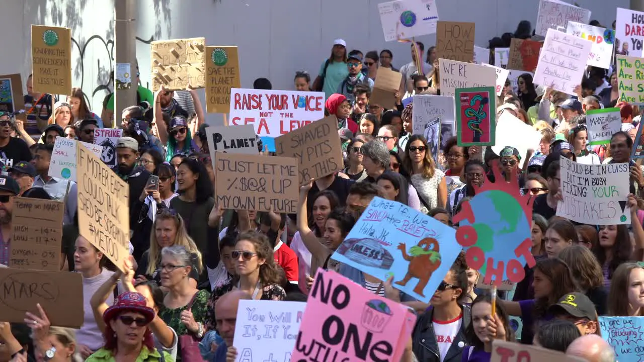 Crowds walking in street protesting Global Climate Change March