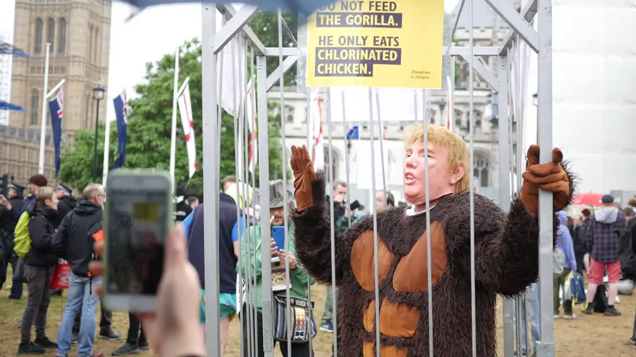 Donald Trump protester in a gorilla costume with face mask in a cage at the Together against Trump protest in central London during the Trump visit to the UK