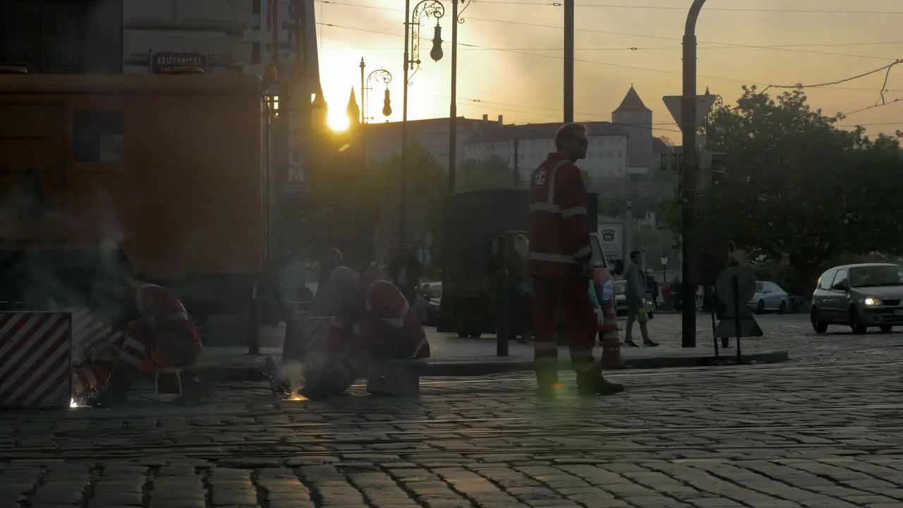 Works on tram rails in Prague