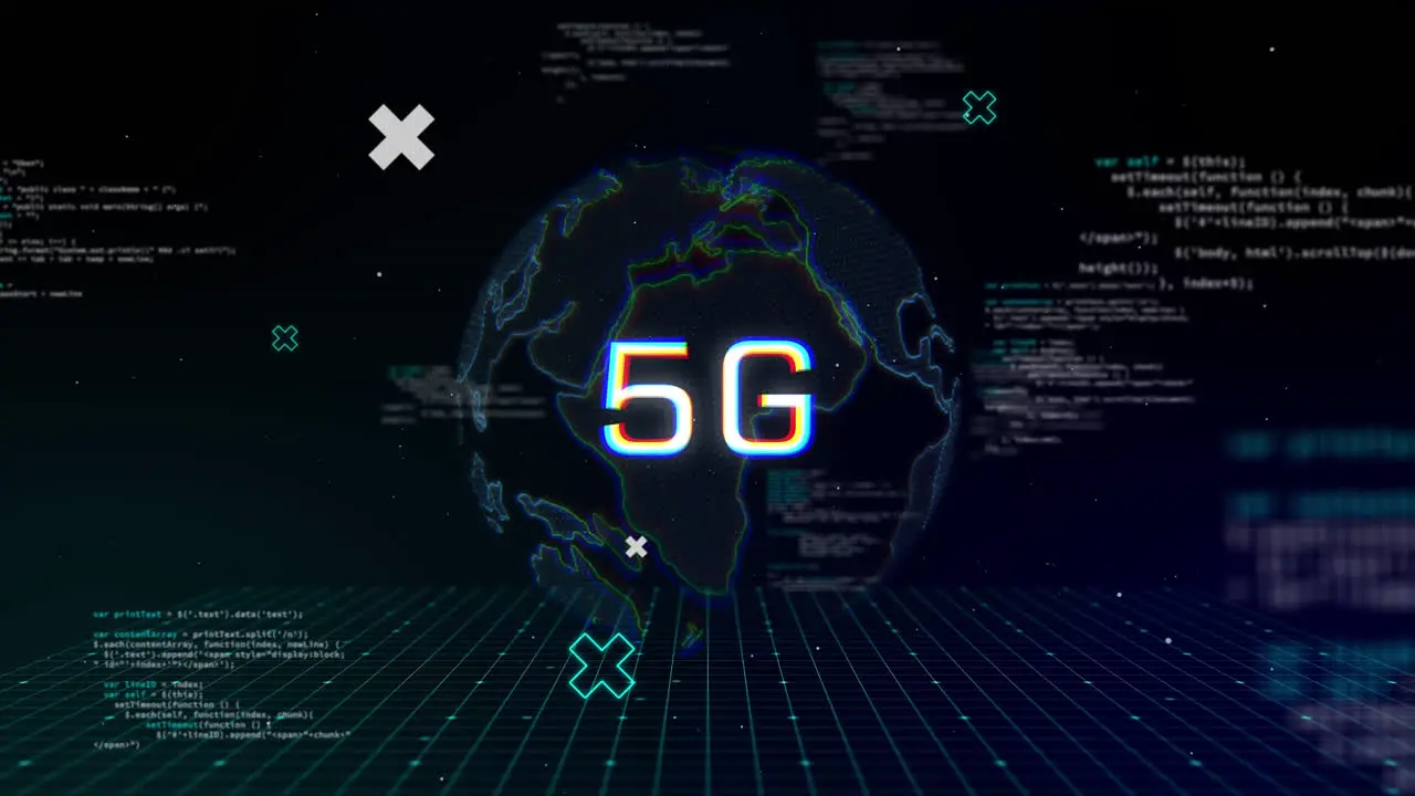 Animation of 5g over globe and data processing on digital screen