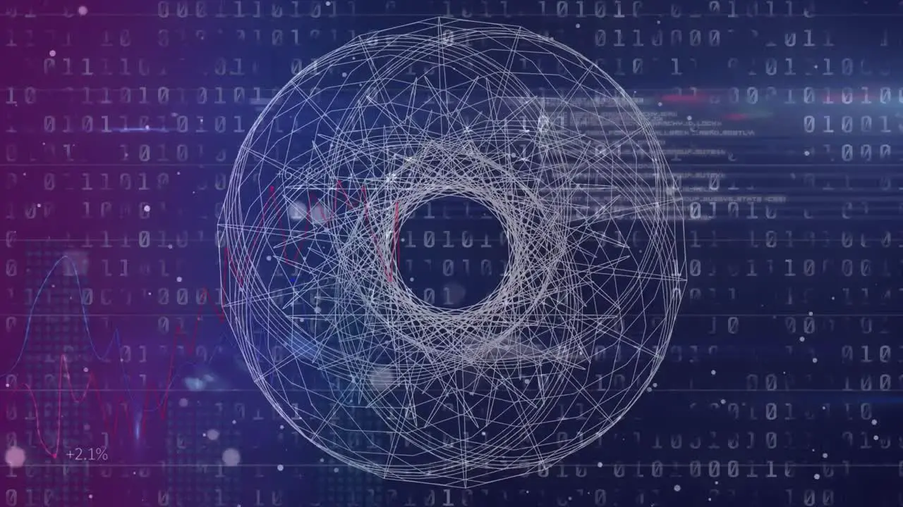 Animation of digital screen with binary code and geometric shapes