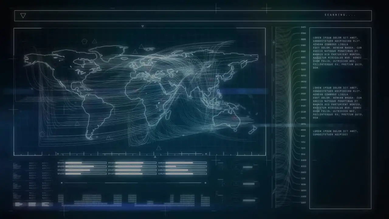 Animation of digital screen with world map and data processing