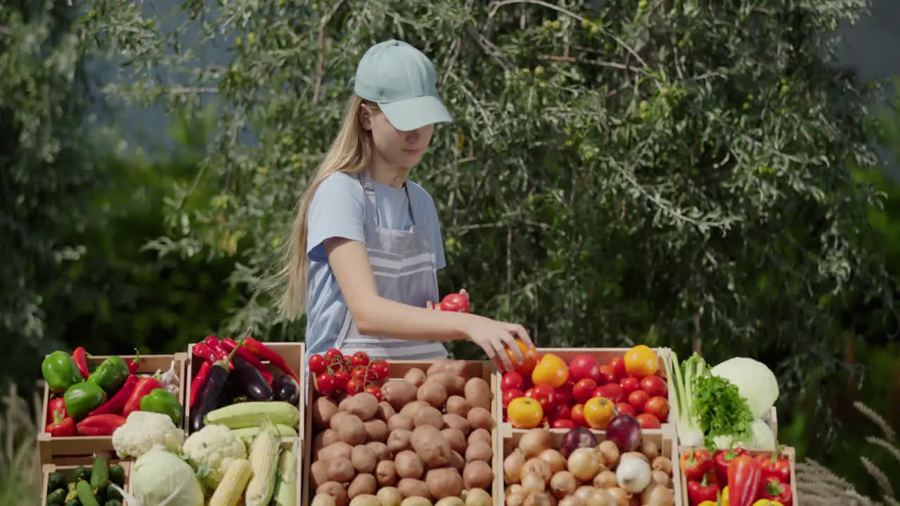 A teenage girl sells seasonal vegetables at a farmers' market Arranges vegetables on the counter