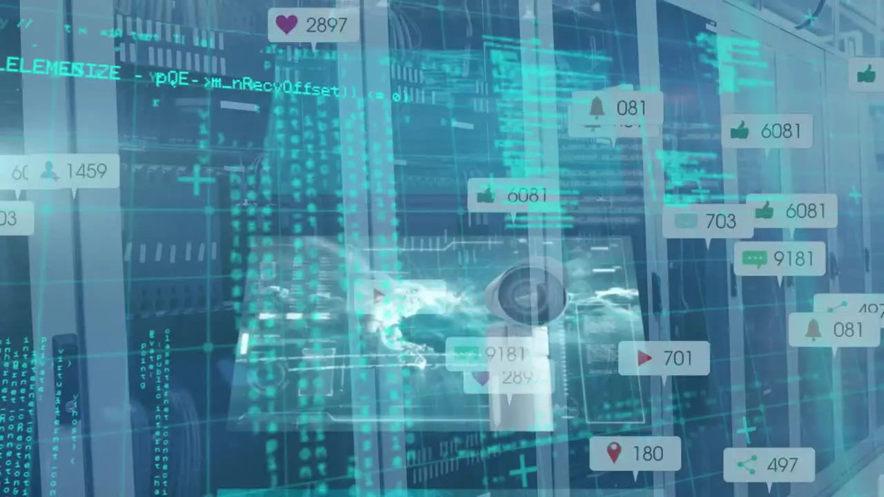 Animation of digital screens and data processing over server room