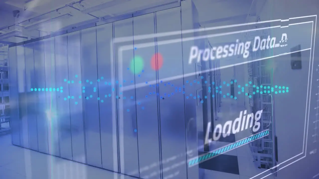 Animation of data processing and digital screen over server room