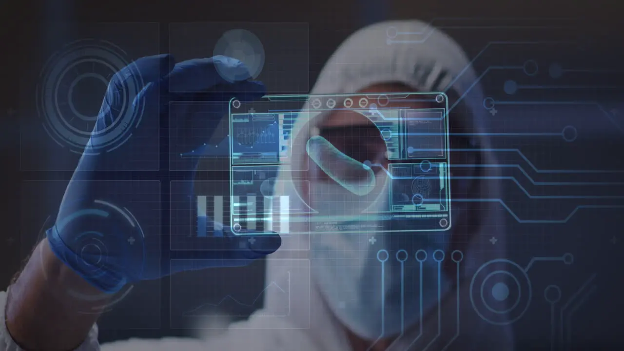 Animation of data processing over male doctor with digital screen